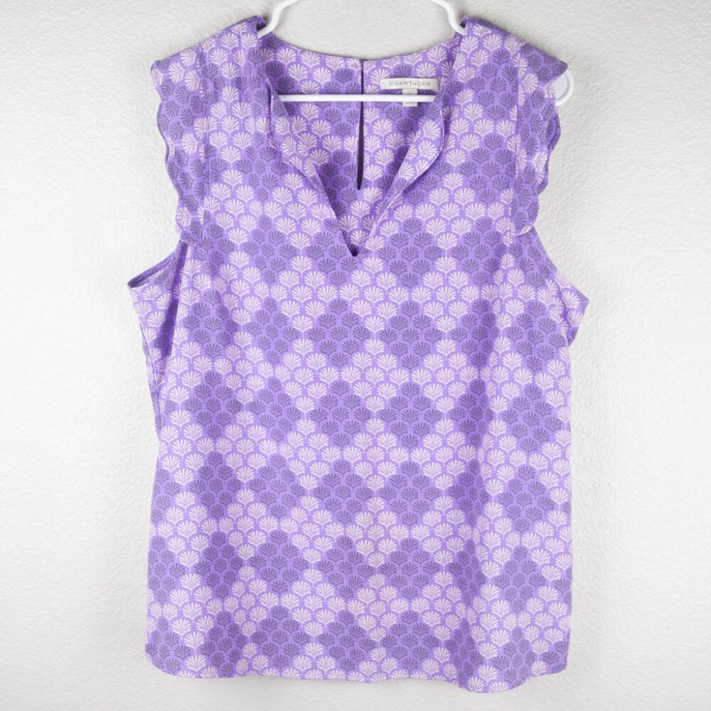 41 Hawthorn Womens L Purple Floral Dawney Scallop Trim Blouse Vneck Tank Top